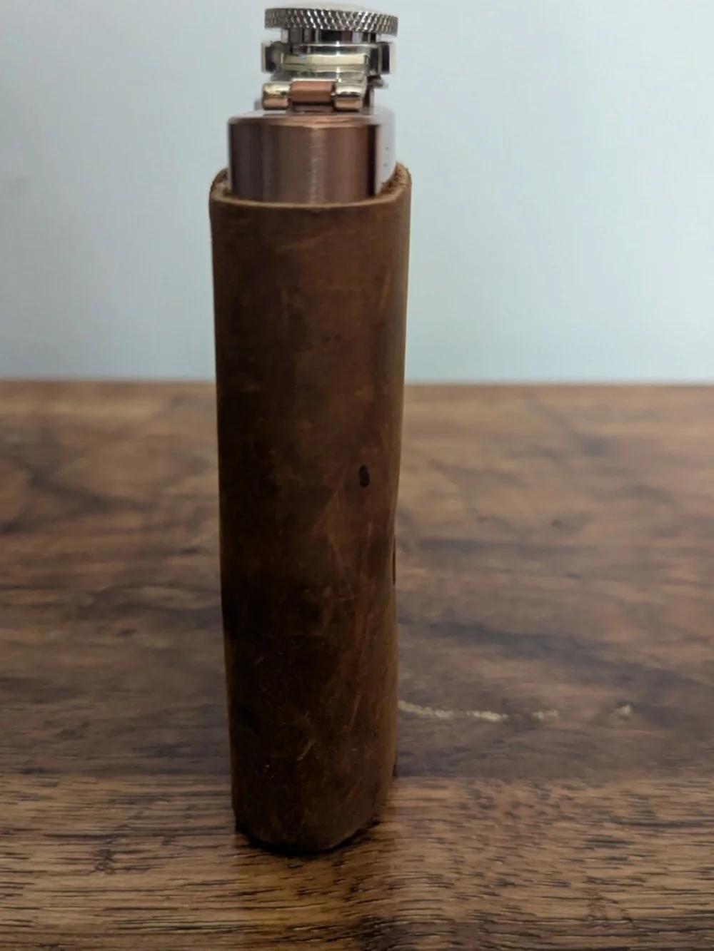 Leather Wrapped Stainless Steel Hinged Flask 8 oz. Guitar Motif Copper Coated
